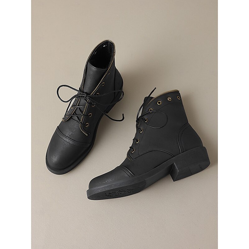 Women's Brown Lace-Up Ankle Boots with Zipper Detail – Stylish Vintage Combat Boots for Fall and Casual Wear