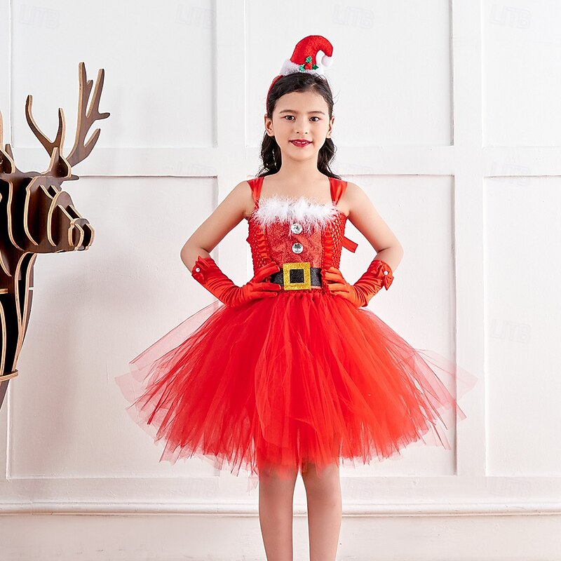 Santa Claus Mrs.Claus Outfits Tutu Santa Suits Girls' Christmas Kid's Christmas New Year Christmas Eve Christmas Party New Year Eve Dress Headpiece Gloves