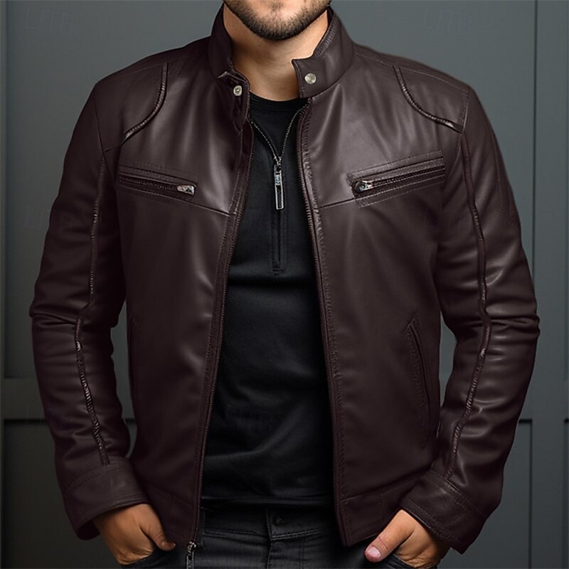 Men's Faux Leather Jacket Transition Jacket Biker Jacket Red Leather Jacket Vacation Daily Windproof Warm Pocket Fall & Winter Plain Fashion Classic Stand Collar Regular Faux Leather Black White Wine4