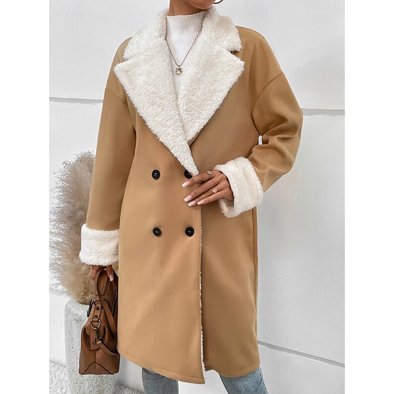 Women's Winter Coat Teddy Coat Windproof Warm Buttons Fur Collar Elegant Outdoor Solid Color Work Casual Double Breasted Turndown Loose Fit Long Sleeve Outerwear Khaki Fall Winter2