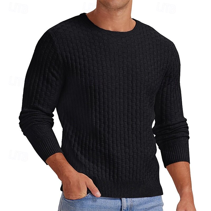 Men's Pullover Sweater Jumper Knit Sweater Ribbed Knit Regular Knitted Jacquard Plain Crew Neck Fashion Basic Daily Wear Date Clothing Apparel Fall & Winter Black White S M L4