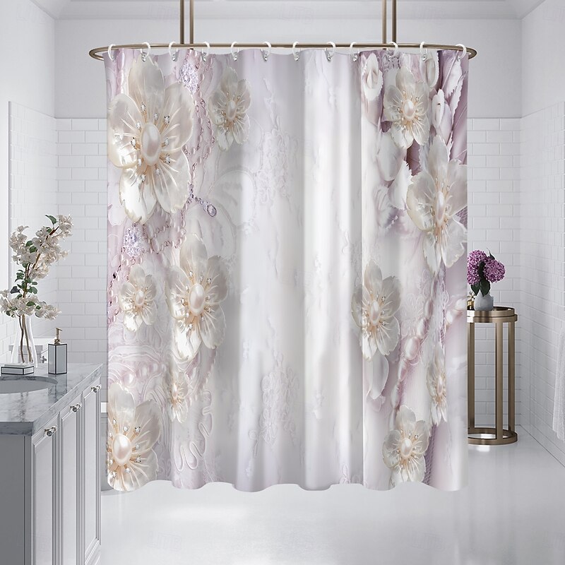 Shower Curtain with Hooks 180cm*180cm(70"*70") Polyester Washable Waterproof Pattern Bathroom Bathtub Decor Jewelry Flower2