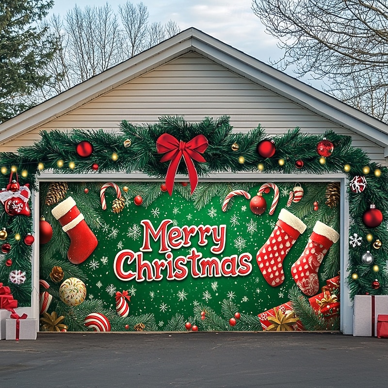 Christmas Outdoor Garage Door Cover Merry Christmas Stockings Xmas Banner Large Christmas Backdrop Decoration for Holiday Outdoor Garage Door Home Wall Decorations