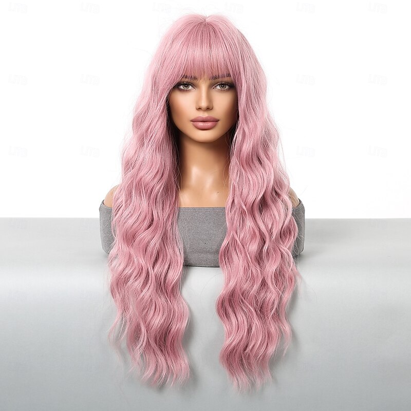 Synthetic Wig Uniforms Career Costumes Princess Curly Wavy Middle Part Layered Haircut With Bangs Machine Made Wig 26 inch Pink+Red Synthetic Hair Women's Cosplay Party Fashion Pink4