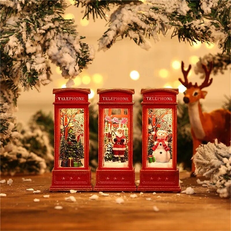 Christmas Red Vintage Luminous Phone Booth Lantern Christmas Tree Snowman Santa Claus Figurine in Telephone Booth decoration  1PC