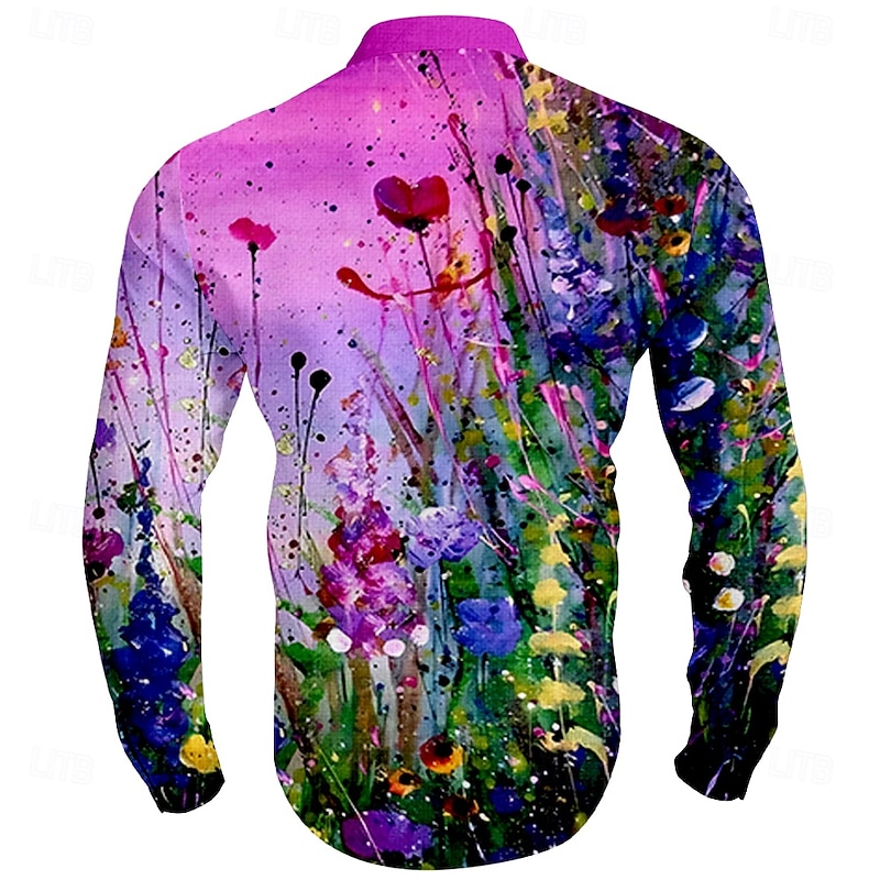 Men's Floral Button Up Shirt Long Sleeve Casual Vacation Daily Summer Spring &  Fall Grandad Collar Band Collar 3D Print Violet Blue Orange2
