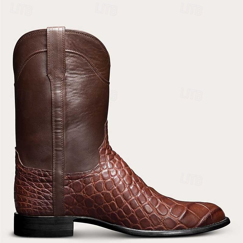 Men's Brown Crocodile Print Faux Leather Western Cowboy Boots - Vintage Style, Perfect for Outdoor and Casual Wear3