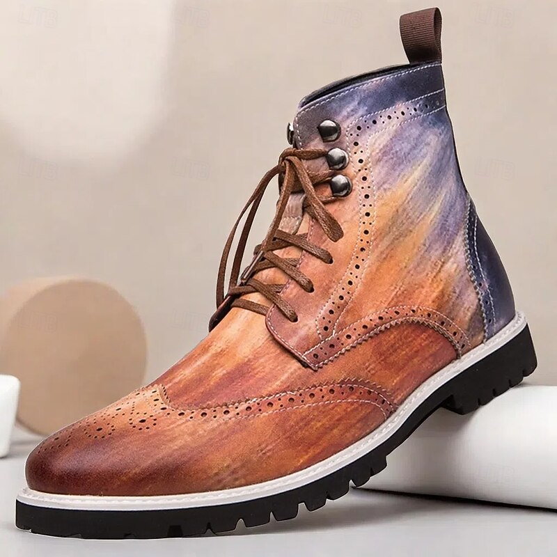 Men's Hand-Painted Brogue Ankle Boots with Lace-Up Design, Faux Leather Upper, and Rugged Sole – Stylish Vintage Casual Footwear
