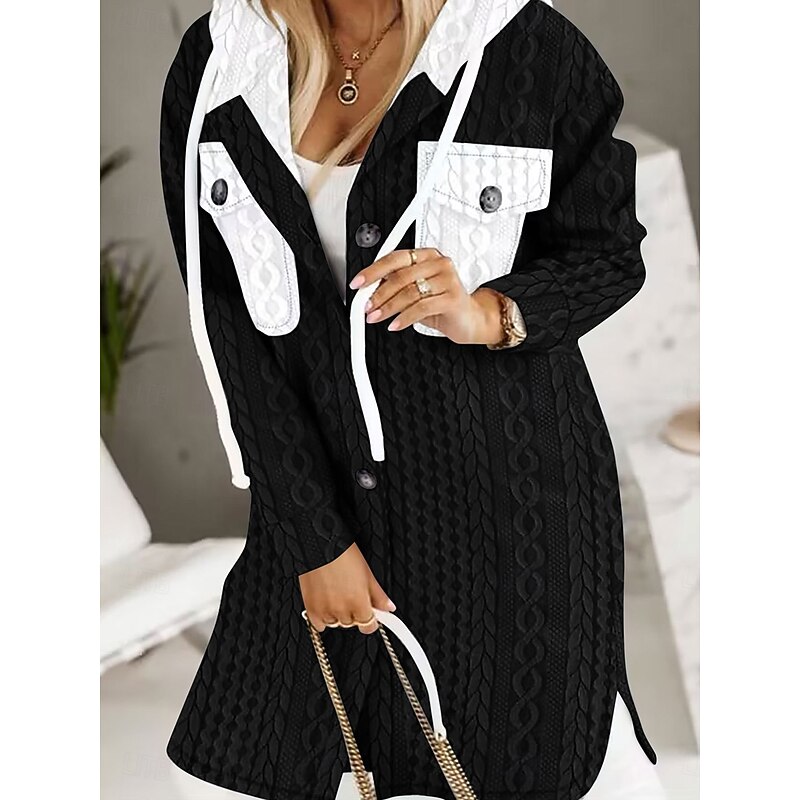 Women's Casual Jacket Hoodied Jacket Vacation Pocket Solid Color Warm Fashion Regular Fit Outerwear Long Sleeve Spring Black S4