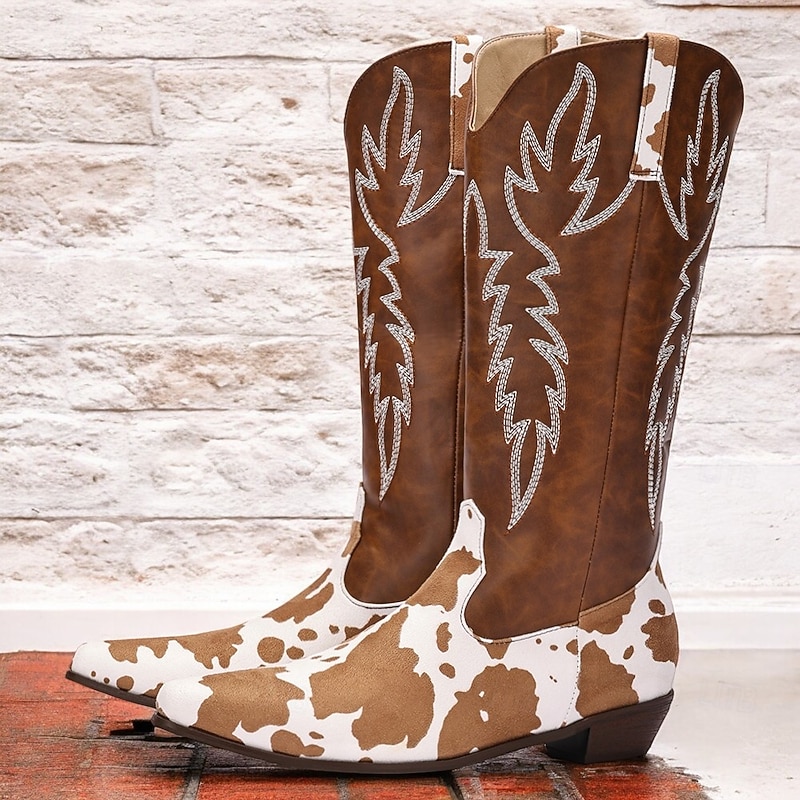Men's Brown and White Cow Print Western Cowboy Boots – Embroidered Faux Leather Design, Perfect for Rodeos, Casual Wear, and Country Fashion