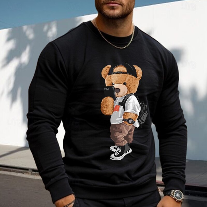 Men's Funny Toy Bear Pullover Sweatshirt Long Sleeve Sweatshirts  Crew Neck Classic Casual Daily Spring Fall Black White Clothing Apparel Designer Graphic Print Normal S M L XL 2XL3