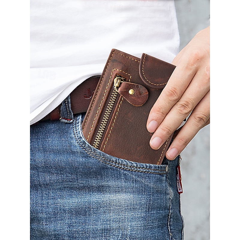 Men's Vintage Brown Leather Wallet with Zipper Pocket and Snap Closure – Stylish Bifold Wallet for Everyday Use2