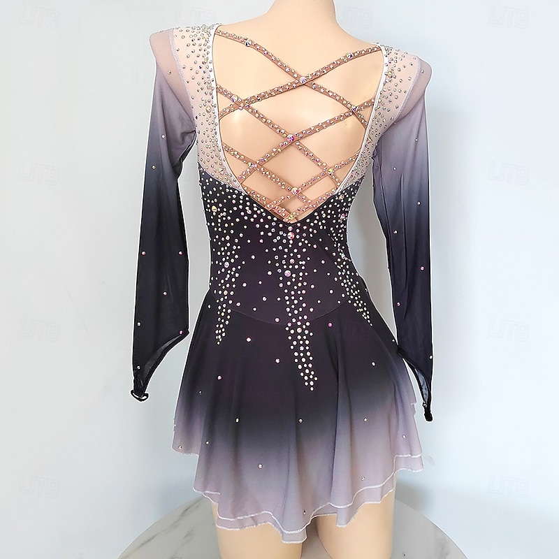 Figure Skating Dress Women's Girls' Ice Skating Dress Dark Purple Patchwork Mesh High Elasticity Training Competition Skating Wear Classic Crystal / Rhinestone Long Sleeve Ice Skating Figure Skating2