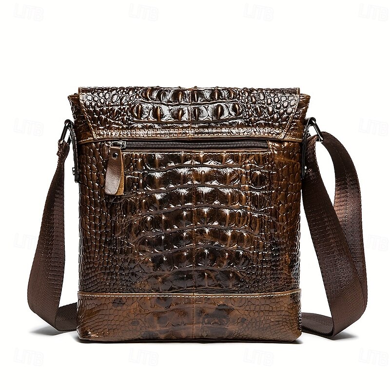 Men's Brown Crocodile Pattern Crossbody Bag, Stylish Leather Shoulder Messenger Bag for Daily Use and Casual Occasions2