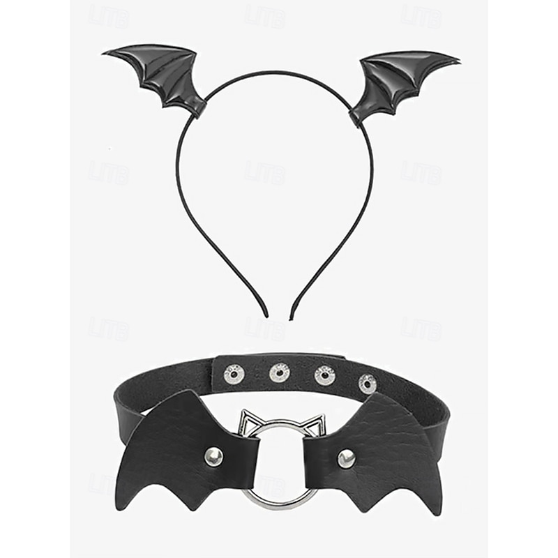 Bat Wing Headband and Gothic Leather Choker Set – Halloween-Themed Costume Accessories for Women, Perfect for Cosplay and Party Outfits