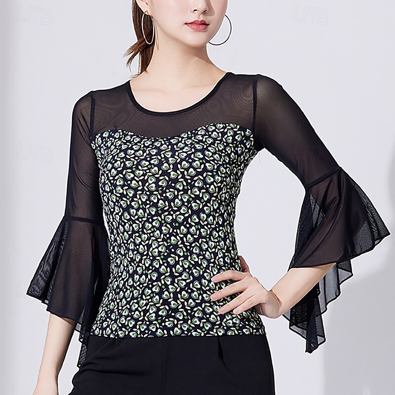 Latin Dance Top Printing Pure Color Splicing Women's Performance Training 3/4 Length Sleeve High Polyester3