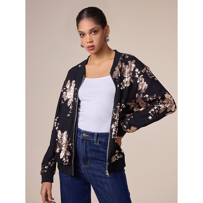 Women's Bomber Jacket Sequin Crew Neck Casual Party Evening Fall Winter