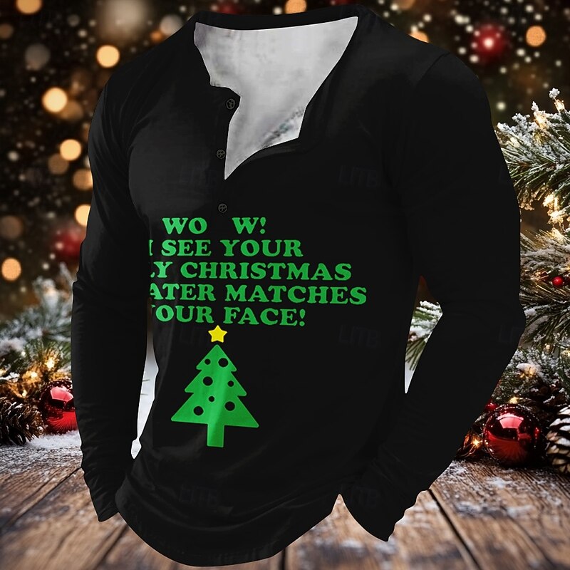 Christmas Men's Funny Christmas Henley T Shirt Tree Tree Letter Trees Letters Sports Fashion Daily 3D Printing Henley Long Sleeve Street Casual Daily Black Red Purple Long Sleeve Henley Collar Button2