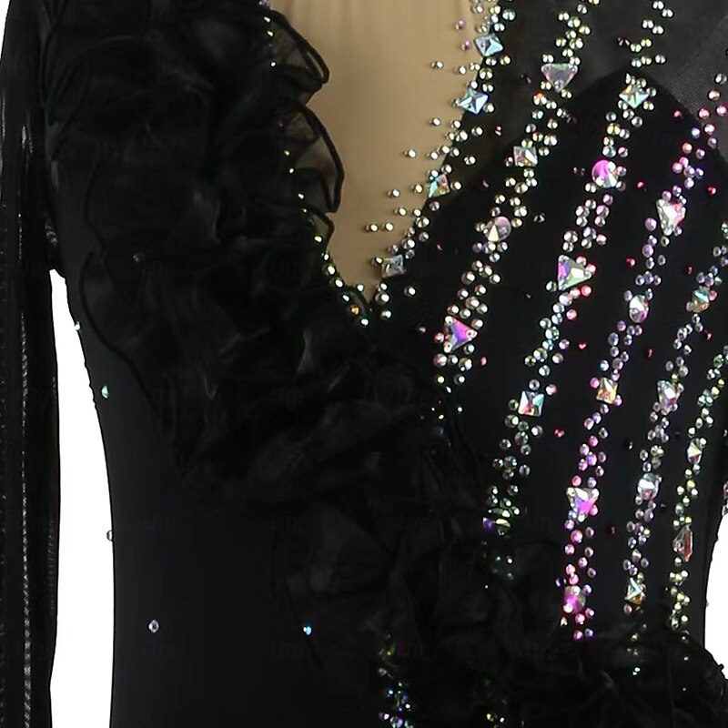 Figure Skating Dress Women's Girls' Ice Skating Dress Black Patchwork Thumbhole Mesh Spandex Stretchy Training Practice Professional Skating Wear Thermal Warm Classic Crystal / Rhinestone Long Sleeve4