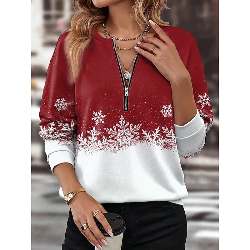 Women's Hoodies SweatshirtsWinter Pullover Snowflake Print Festive Red White Gradient Long Sleeve Zip Neck Casual Holiday Sweater Top Available in Standard to Plus Size