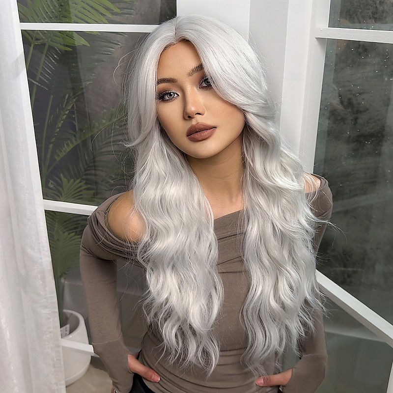 Synthetic Wig Uniforms Career Costumes Princess Curly Wavy Middle Part Layered Haircut Machine Made Wig 26 inch Silver Synthetic Hair Women's Cosplay Party Fashion Silver2