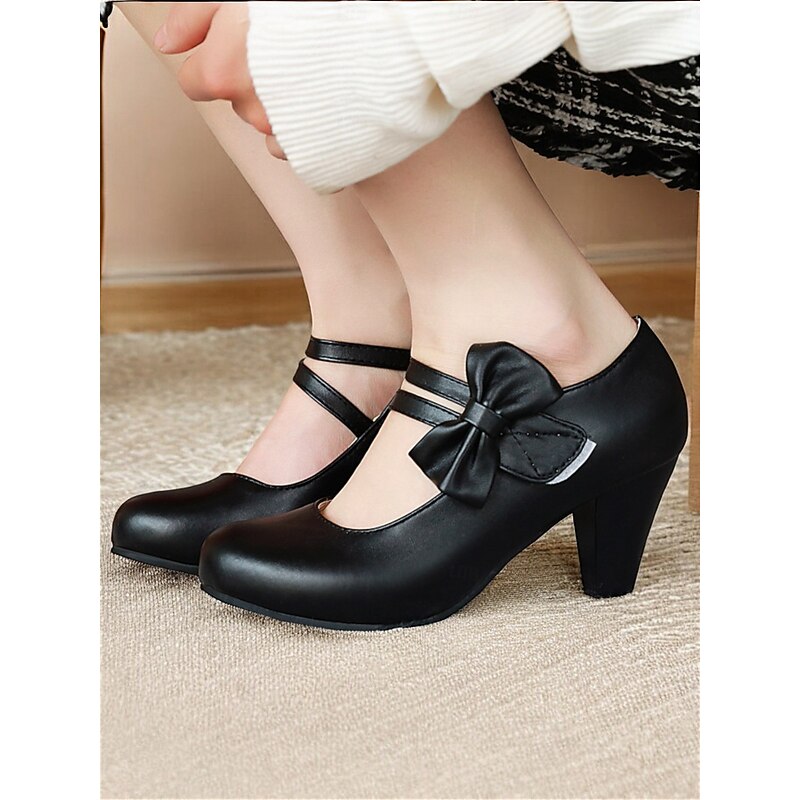 Women's Pink Bowknot Mid Heel Pumps - Cute Mary Jane Style Dress Shoes for Parties, Cosplay, and Vintage-Inspired Outfits