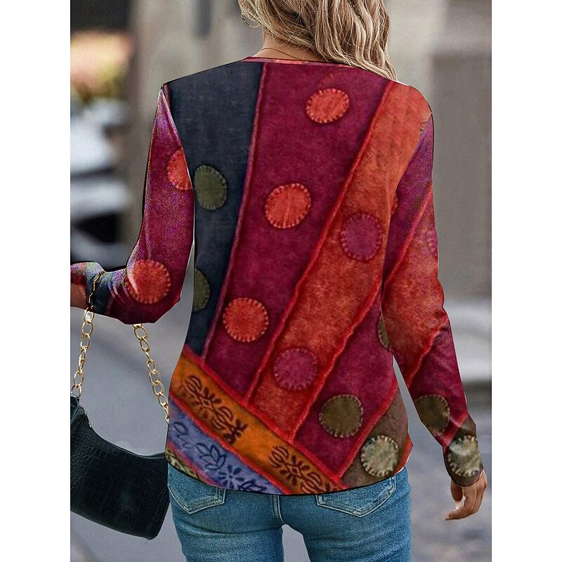 Women's T shirt Long Sleeve Casual Print Regular Tops Daily Red Spring Fall Prefall2