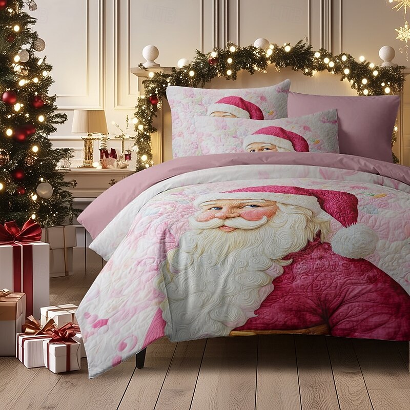 Christmas Duvet Cover Set in Pink with Santa Claus Design 100% Cotton Festive Holiday Bedding Includes Duvet Cover and Pillowcases Perfect for a Cheerful and Whimsical Bedroom Makeover Queen King Size