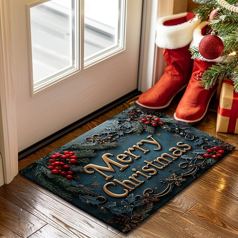Christmas Decorations Doormat Poinsettia Kitchen Mat Floor Mat Non-Slip Area Rug Oil Proof Rug Indoor Outdoor Mat Bedroom Decor Bathroom Mat Entrance Rug3