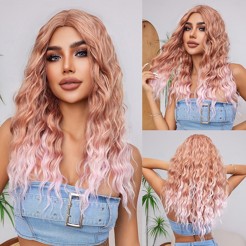 Synthetic Wig Uniforms Career Costumes Princess Curly Deep Curly Middle Part Layered Haircut With Bangs Machine Made Wig 26 inch Gold Pink Synthetic Hair Women's Cosplay Party Fashion Pink