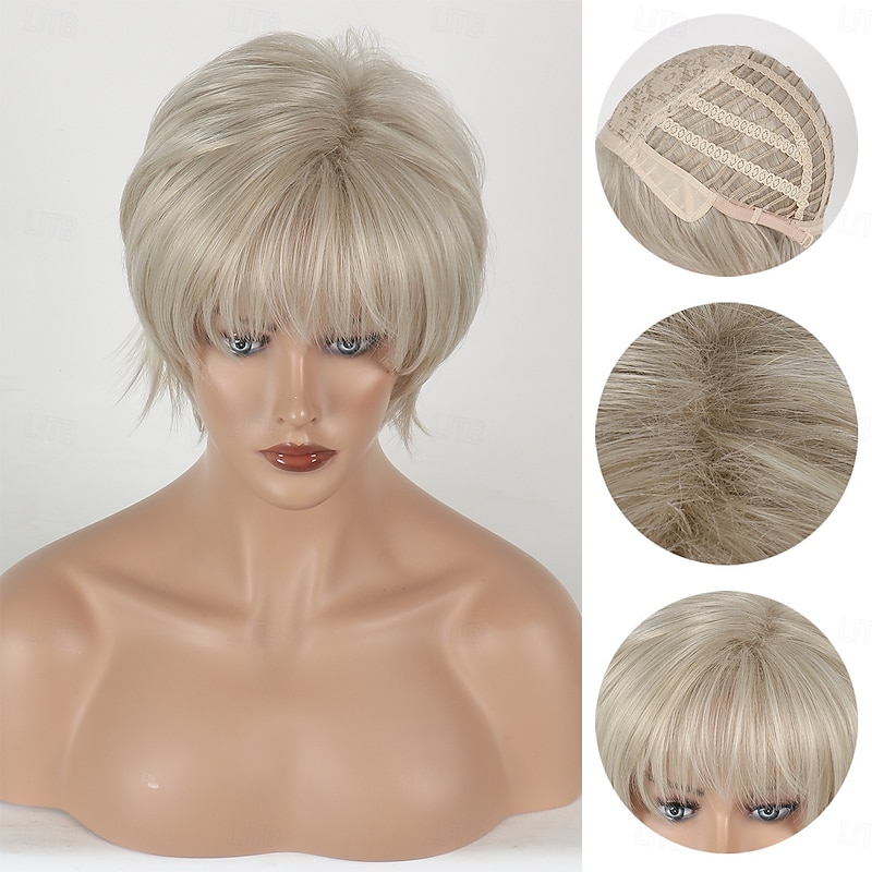 Light Golden Layered Bob Wig with Curtain Bangs for Women Synthetic Highlight Bob Wig Short Pixie Cut Layered Wavy Wig for Women4