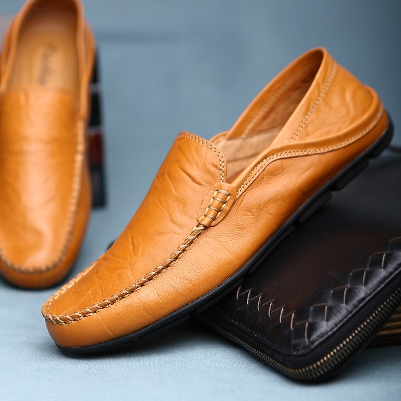 Men's Casual Leather Loafers with Hand-Stitched Details – Comfortable Slip-On Shoes for Driving, Walking, and Everyday Wear3