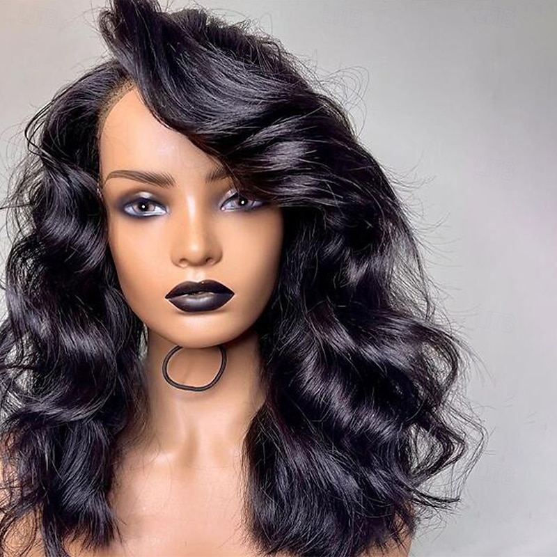 Remy Human Hair 13x4 Lace Front Wig Side Part With Bangs Brazilian Hair Wavy Black Wig 130% 150% Density 100% Virgin Glueless Pre-Plucked For Women Long Human Hair Lace Wig3