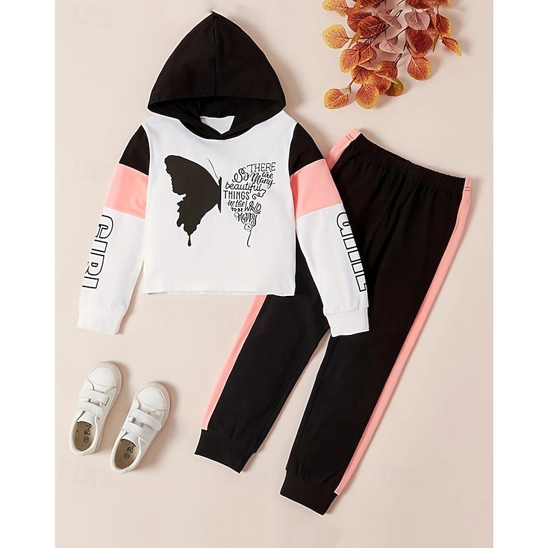 Girls' 3D Butterfly Sports Suit Hoodie Set Tracksuits Long Sleeve Spring Fall Daily Casual Comfort Kids 4-7 Years Hooded Outdoor Vacation Sports Tailored Fit