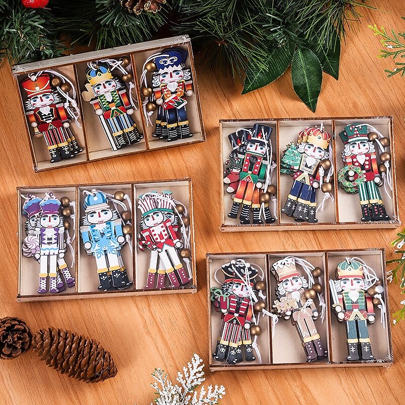 9pcs/set Christmas Nutcracker Wooden Ornaments - Colorful Printed Decorations for Christmas Tree and Festive Decor