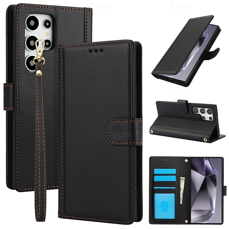 Phone Case For Samsung Galaxy S25 S24 S23 S23 FE S22 S21 Ultra Plus A55 5G A35 5G A25 A15 Wallet Case Full Body Protective with Lanyard with Wrist Strap Retro TPU PU Leather2