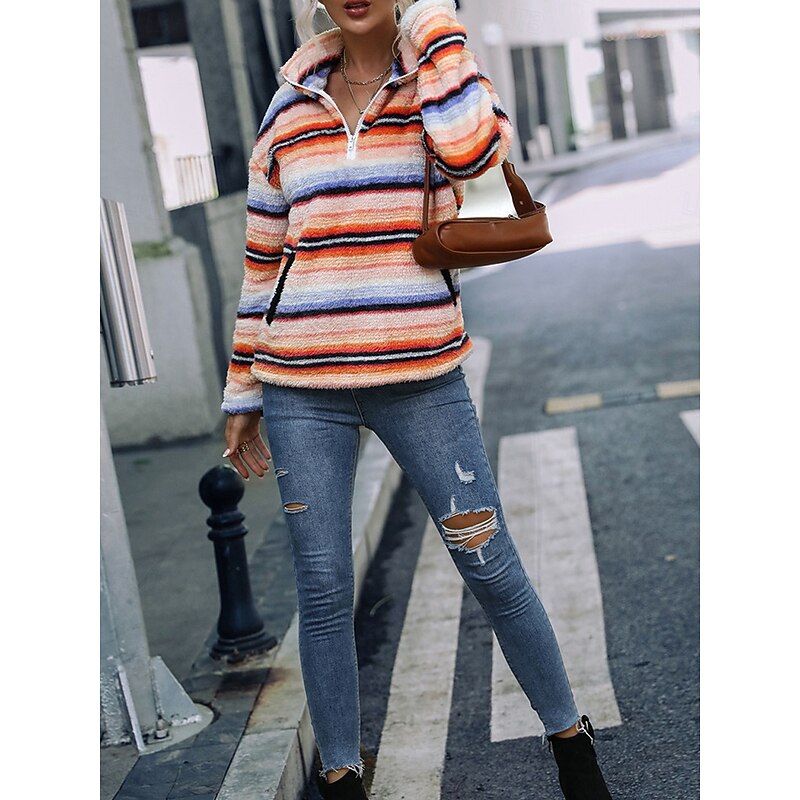 Women's Sweatshirt Casual Sherpa Striped Street Dailywear High Neck Zipper Pocket Print Long Sleeve Orange Fall Winter4
