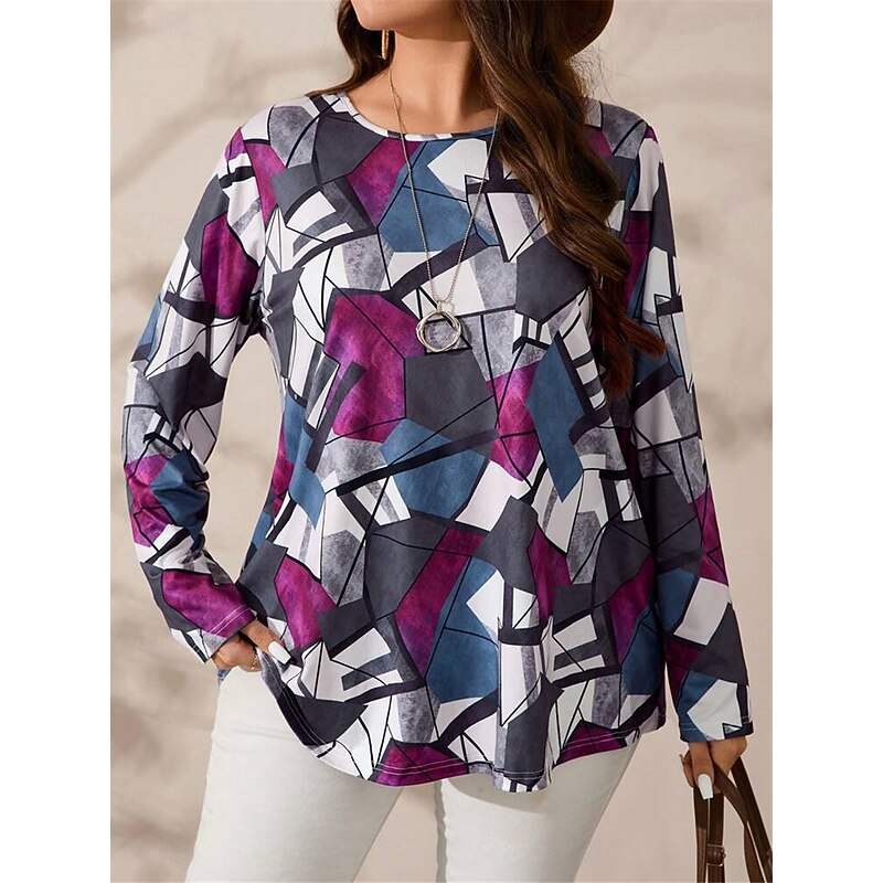 Women's Plus Size Tops T shirt Tee Color Block Print Long Sleeve Crew Neck Casual Daily Fall Winter Blue3