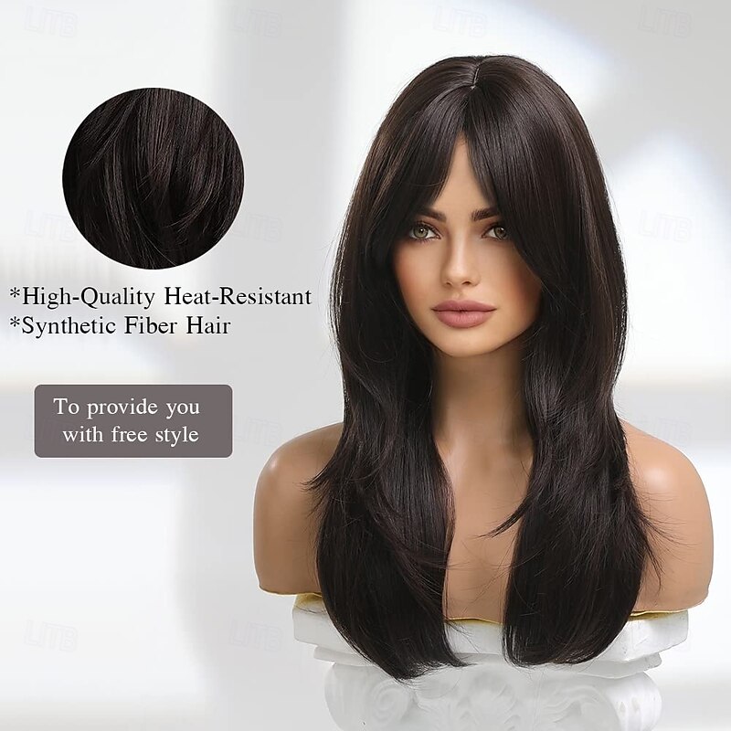 20 Inches Long Straight Dark Brown Layered Synthetic Hair Wigs with Bangs for Women Daily Party Use3