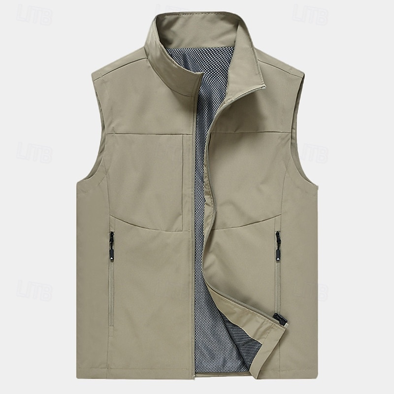 Men's Vest Gilet Fishing Vest Hiking Vest Daily Date Vacation Fashion Casual Spring & Summer Pocket Polyester Breathability Plain Zipper Stand Collar Regular Fit Black Khaki Army Green Dark Blue Vest
