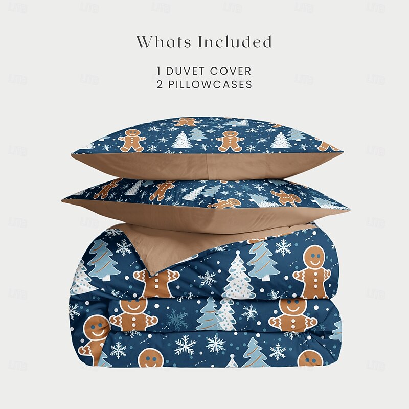 Christmas Duvet Cover with Gingerbread Man Design 100% Cotton Festive Holiday Christmas Comforter Set Full Soft and Cozy Includes Duvet Cover and Pillowcases  Queen King Size4
