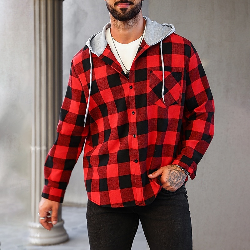 Men's Shirt Flannel Shirt Overshirt Lattice Outdoor Street White Red Green Long Sleeve Hoodie Spring &  Fall Clothing Apparel3