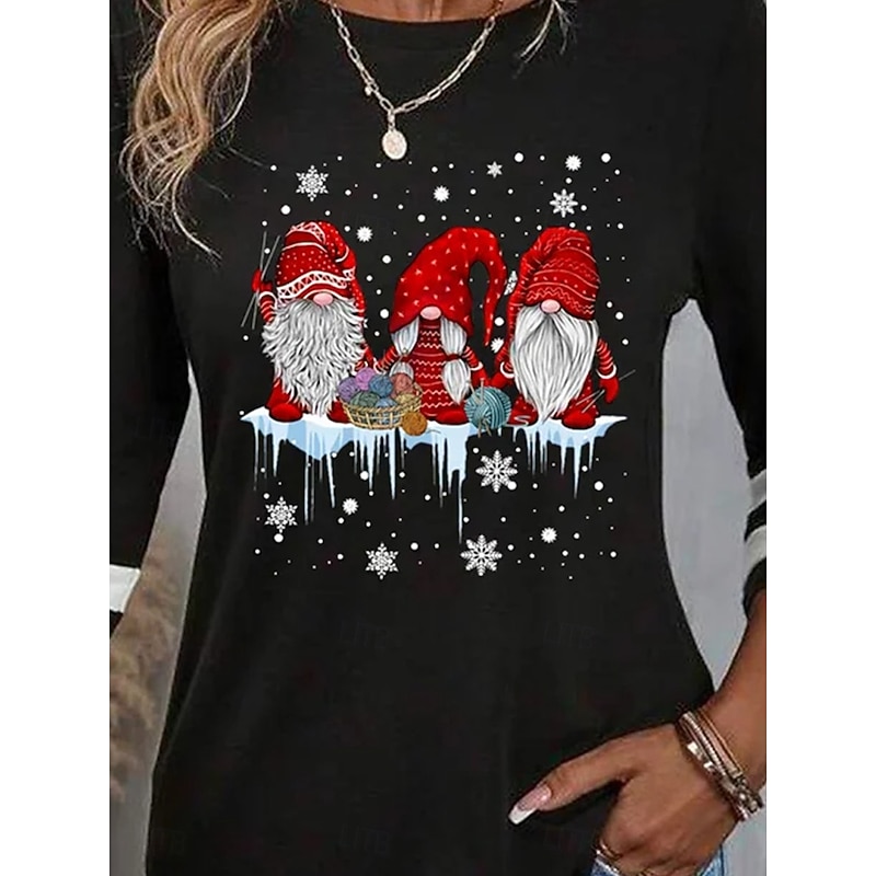 Women's T Shirt Festival / Holiday Print Long Sleeve Regular Tops Round Neck Weekend Black Red Blue Brown Green Spring & Fall3