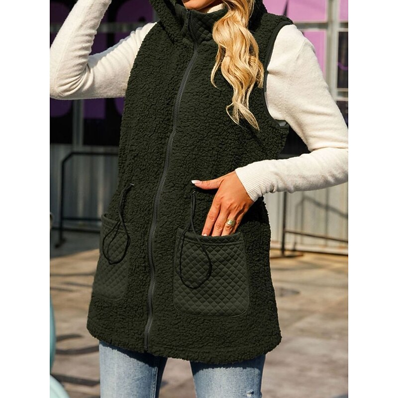 Women's Fleece Vest Teddy Coat Warm Breathable Zipper Pocket Fleece Lined Casual Plain Vacation Street Daily Wear Going out Zipper Regular Hoodie Regular Fit Sleeveless Outerwear Army Green Fall2