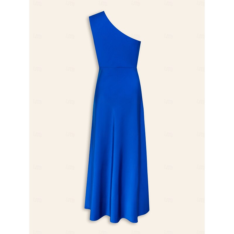 Satin Blue Sleeveless One Shoulder Ruffle Maxi Dress 11