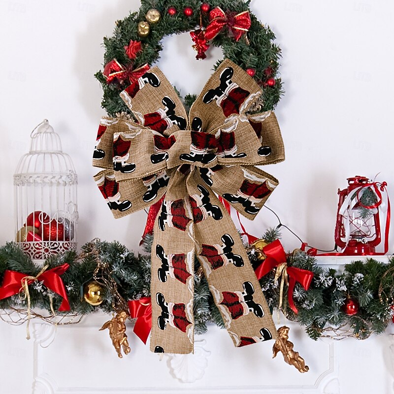 Christmas Tree Bow Topper, Burlap Vintage Ribbon Bow, Xmas Decoration, Rustic Christmas Bow Ornaments for Tree and Holiday Gift Decor2