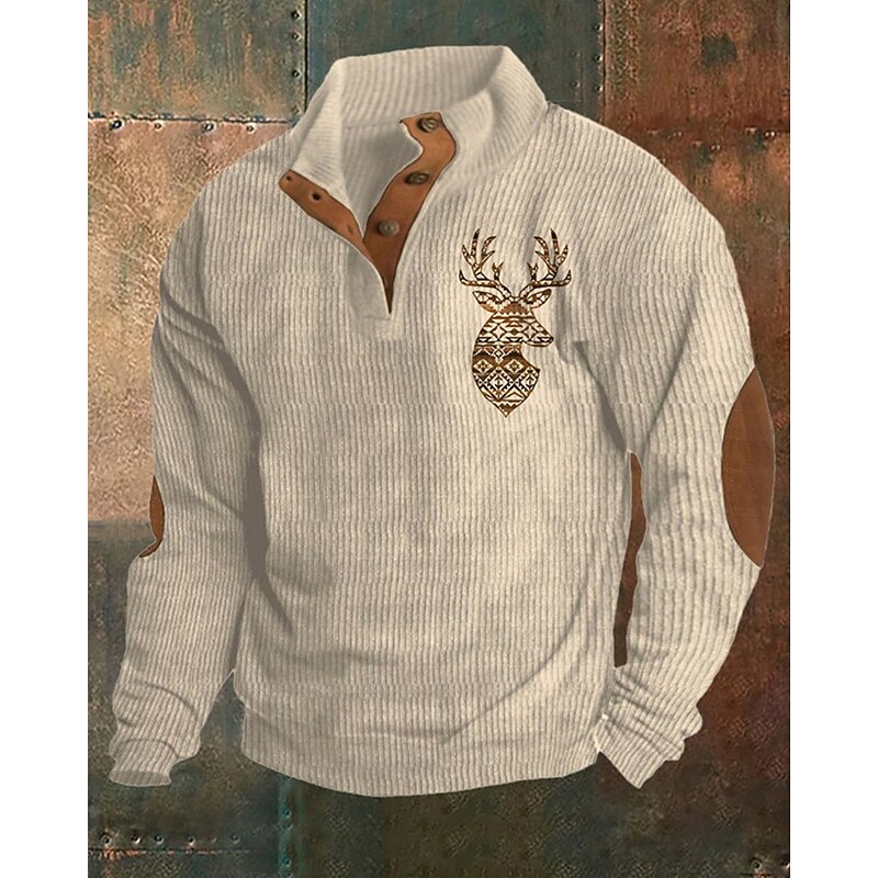 Men's Sweatshirt Black Army Green Khaki Gray Standing Collar Color Block Reindeer Patchwork Sports & Outdoor Daily Holiday Polyester Corduroy Streetwear Basic Casual Spring &  Fall Clothing Apparel