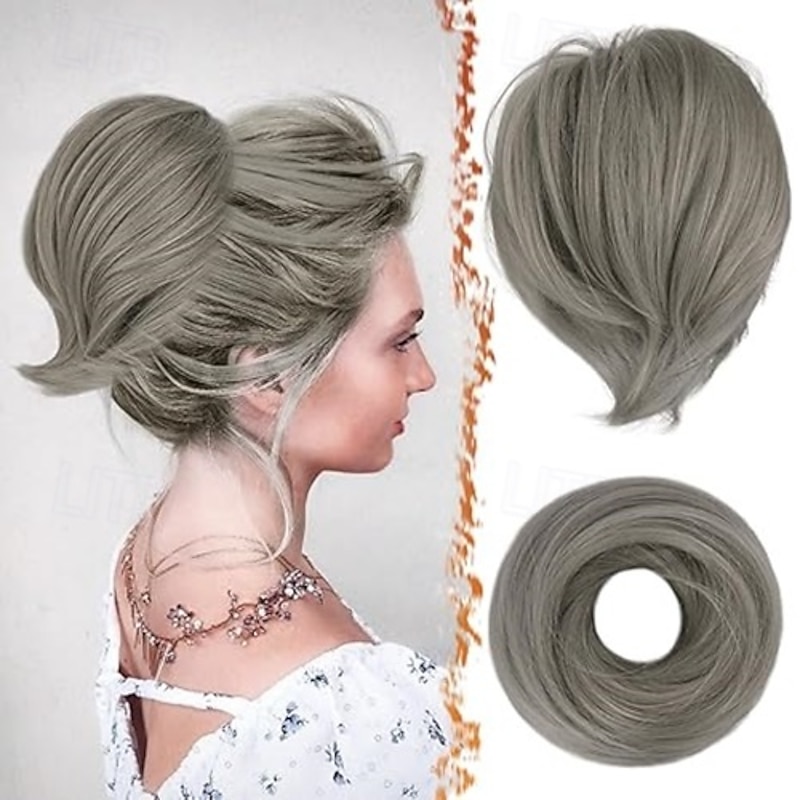 Straight Hair Bun Extensions, Short Ponytail Brown Hair Bun Extensions, Synthetic Messy Bun Hairpieces Elastic Easy Scrunchies for Women Girls