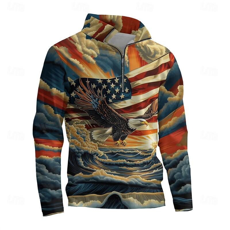Men's Graphic American Flag Hoodies Daily Casual Long Sleeve Stand Collar Vacation Going out Streetwear Blue Print Fall Spring & Fall Designer4