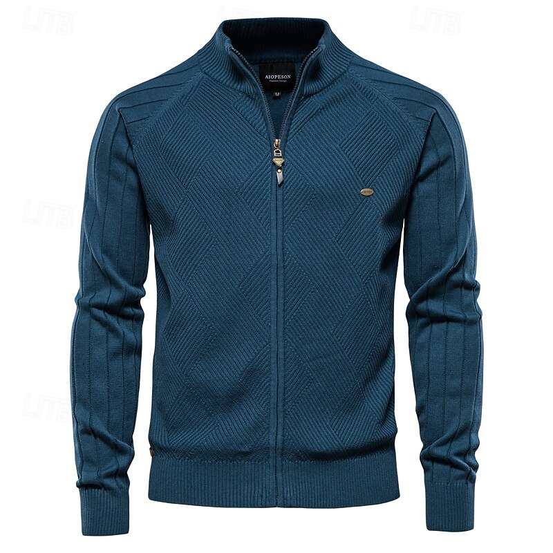 Men's Cardigan Sweater Ribbed Cable Knit Jacquard Zipper Solid Color Turndown Knitwear Neutral Outdoor Causal Clothing Apparel T-shirt Sleeve Winter Spring &  Fall Black Navy Blue S M L2